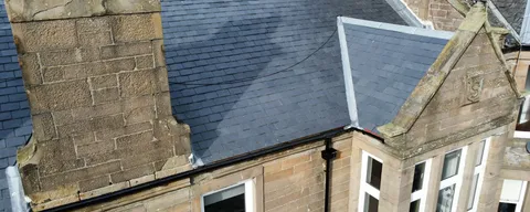 Aerial drone view of sandstone tenement roof in Dundee